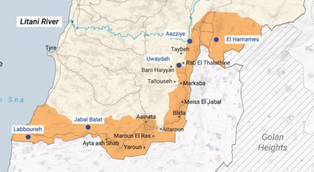 L’area occupata da Israele con l’ultima invasione e le cinque teste di ponte mantenute in attesa del disarmo di Hezbollah