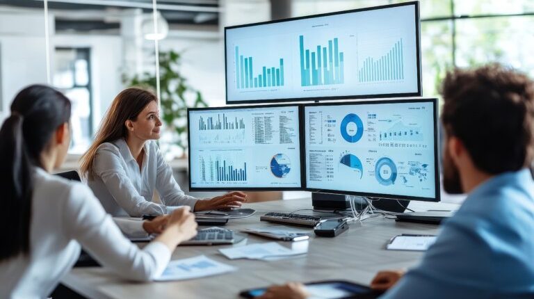 A business team of three people looking at a large computer monitor with financial data charts and graphs.